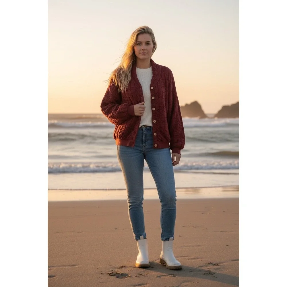 Free People FP Beach Sunny Bomber Cardigan Small Burgundy Sweater Textured - Picture 1 of 9